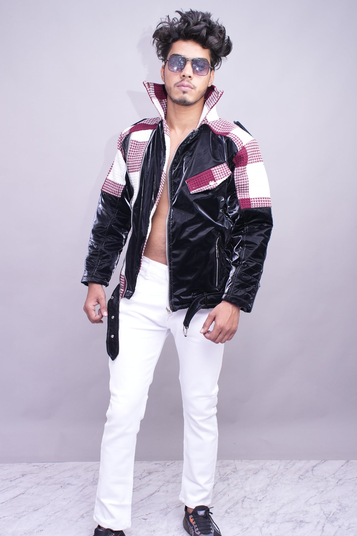 Black and Burgundy Checkered Vinyl Streetwear Jacket