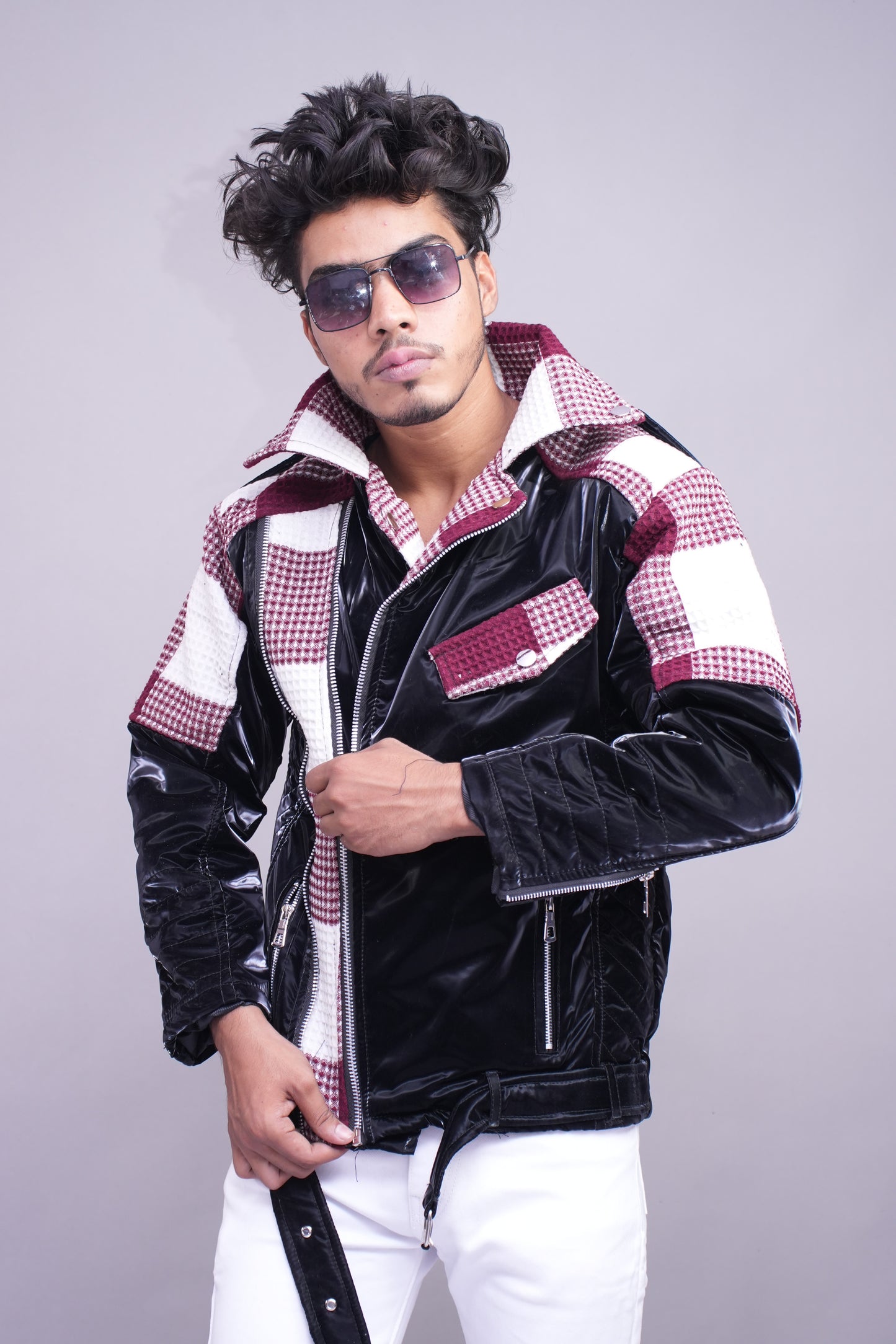 Black and Burgundy Checkered Vinyl Streetwear Jacket