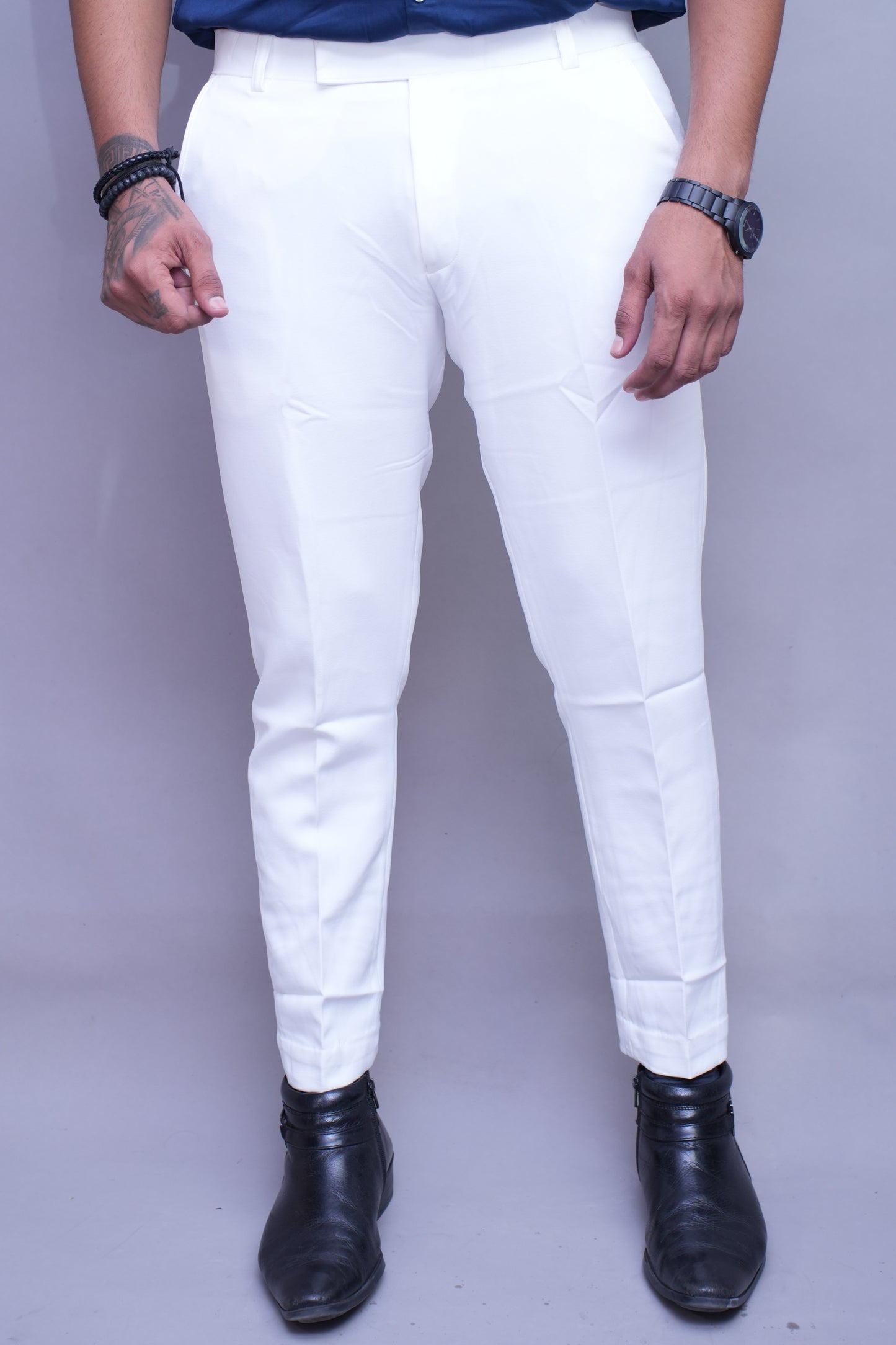 Men white Regular Fit Textured Flat Front Formal Trousers