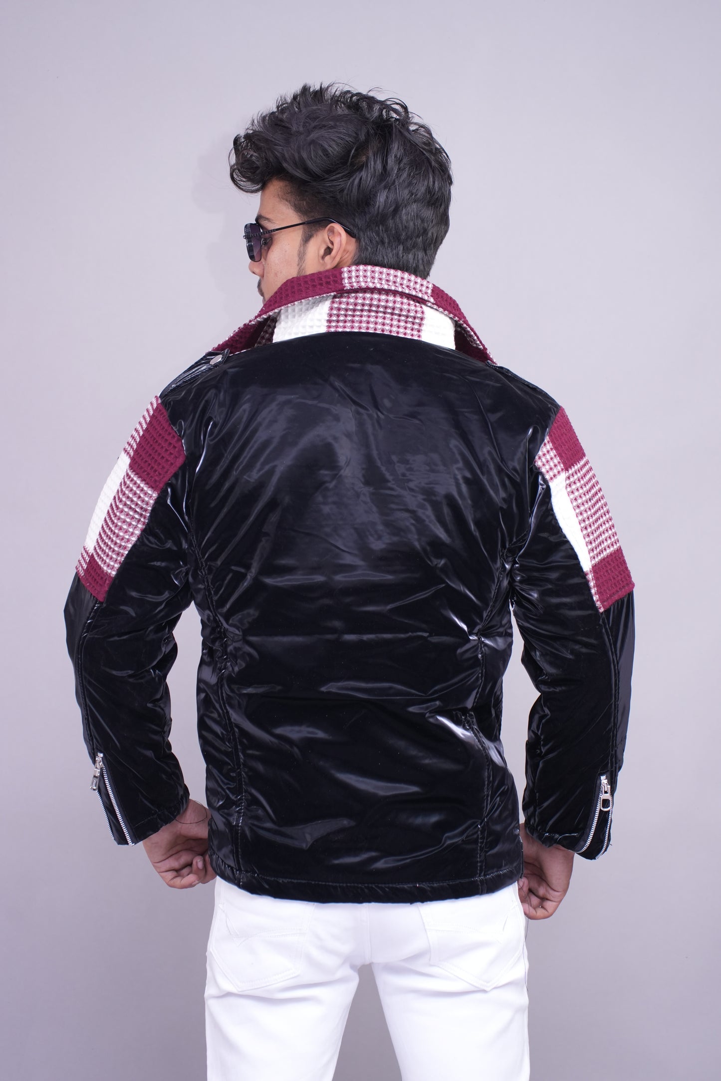 Black and Burgundy Checkered Vinyl Streetwear Jacket