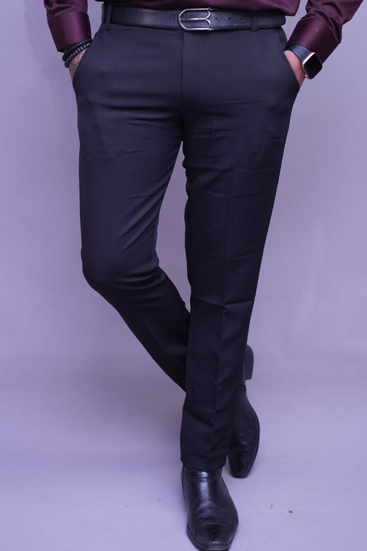 Men Black Regular Fit Solid Flat Front Formal Trousers