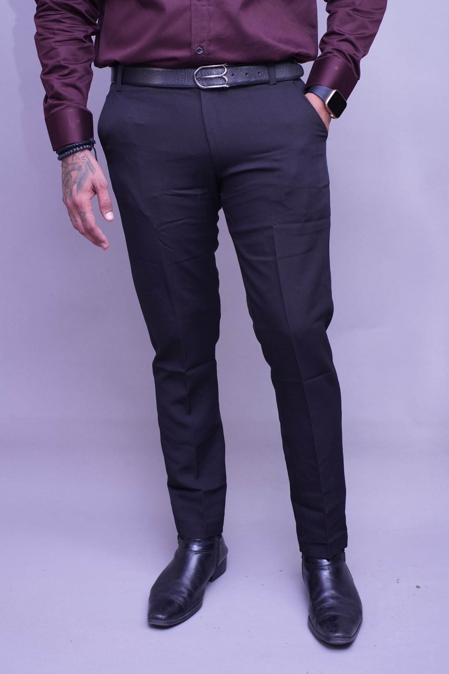 Men Black Regular Fit Solid Flat Front Formal Trousers