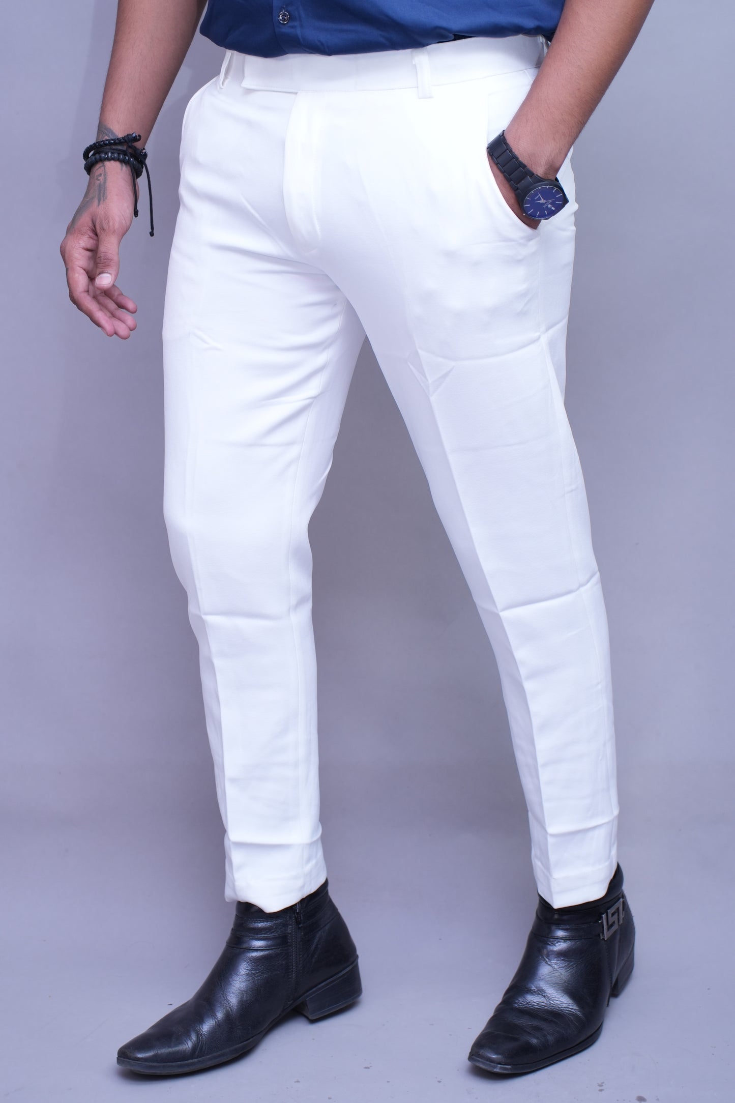 Men white Regular Fit Textured Flat Front Formal Trousers