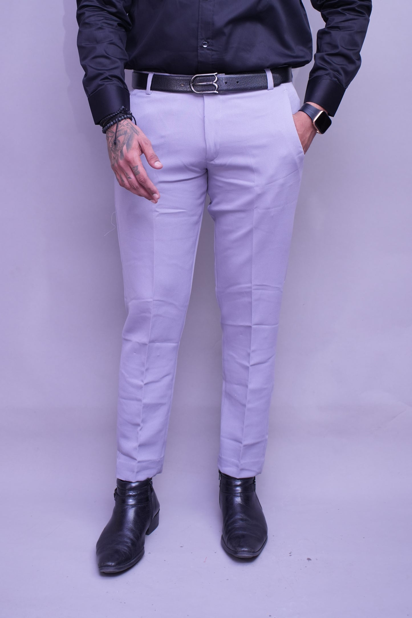 Men light Grey Regular Fit Textured Flat Front Formal Trousers