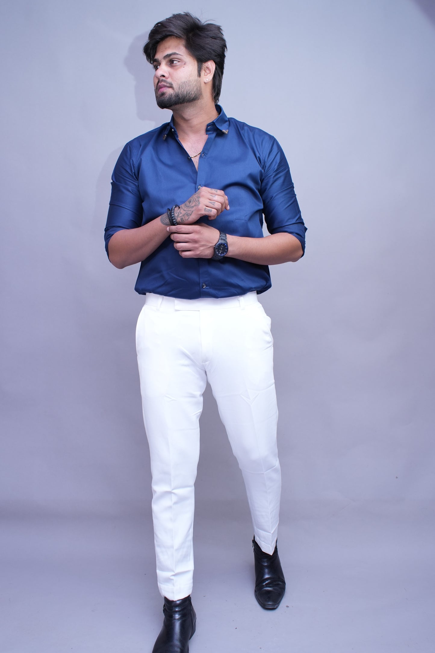 Men white Regular Fit Textured Flat Front Formal Trousers